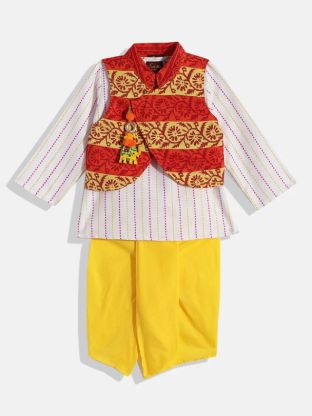 Twisha Boys Printed Kurta Dhoti and Jacket-Yellow
