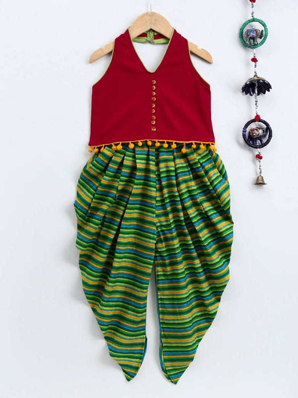 Twisha Girl's Knit Top With Orange Potli Buttons With Printed Cotton Dhoti - Red & Green