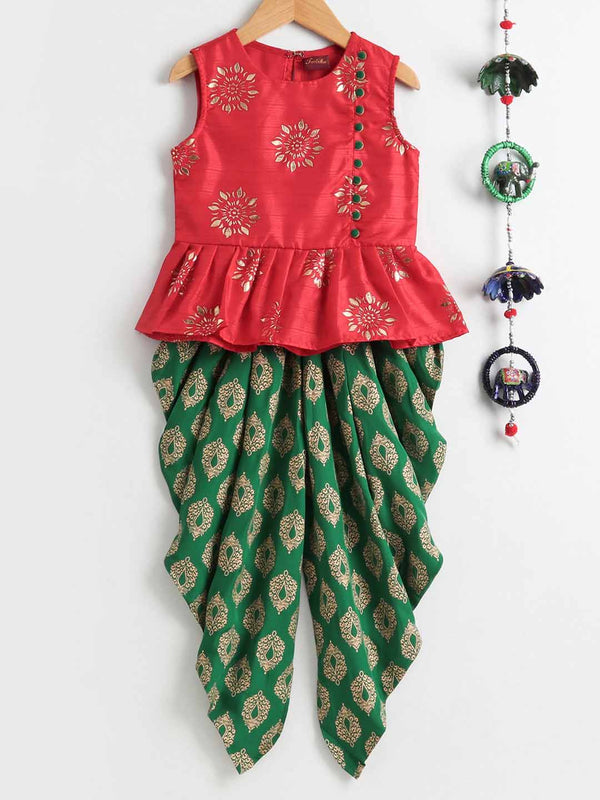 Girls Gold Print Sleeveless Peplum Round Neck Top With Floral Gold Print Dhoti - Red & Green