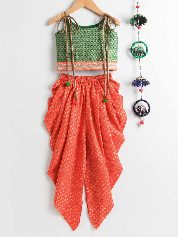 Girls Incut Sleeveless Top With Potli Buttons And Foli Printed Dhoti Set - Green & Orange