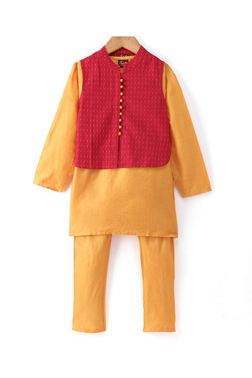Twisha Boys Solid Kurta & Pyjama With Jacket - Yellow