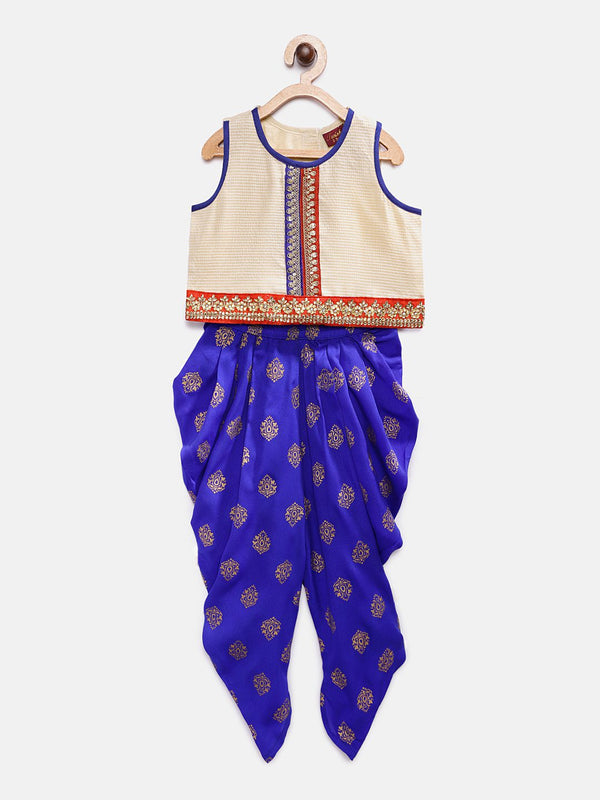 Twisha Girls Embellished Top With Printed Dhoti Pants - Off White & Blue