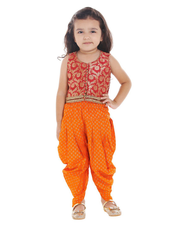Twisha Girls Brocade Top With Printed Dhoti- Red & Orange