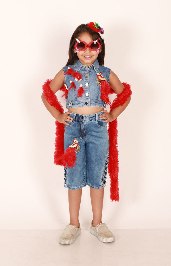 Twisha Girls Denim Jacket & Capris  Embellished With Bird Applique  - Blue