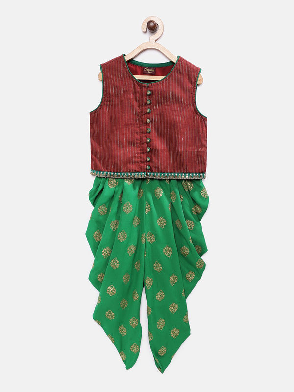 Twisha Girls Top With Potli Button Details & Printed Dhoti - Maroon & Green