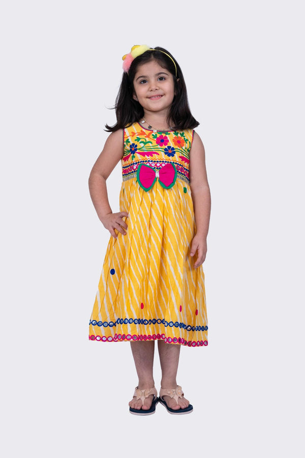 Twisha Girl's Sleeveless Leheria Printed Aariwork Embroidered Dress - Yellow