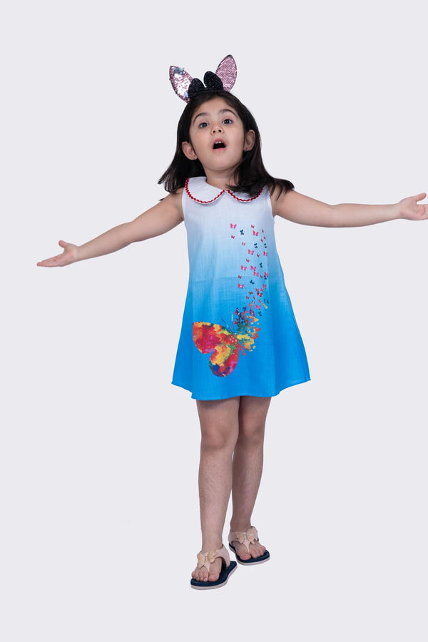 Twisha Girl's Sleeveless Sweet Slub Butterfly Printed Dress-Blue