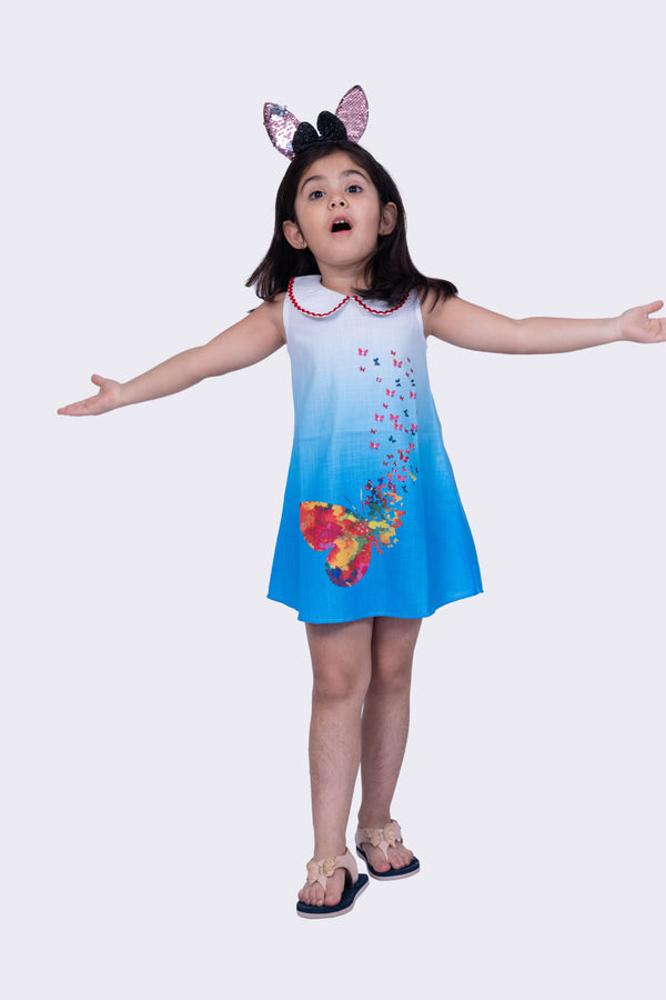 Twisha Girls Sleeveless Sweet Slub Butterfly Printed Dress-Blue