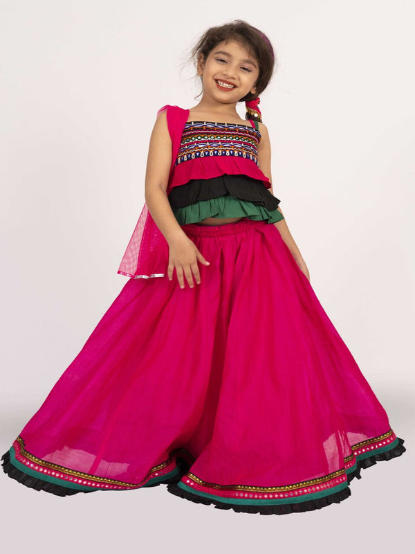 Twisha Girls Strappy Frilled Top With Lehenga Set - Black & Pink