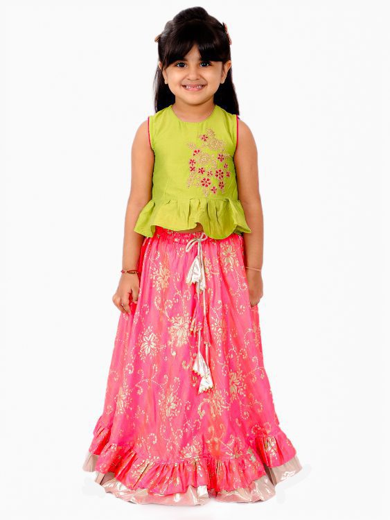 Twisha Girls Embroiderd Top with Printed Lehenga - Pink & Green