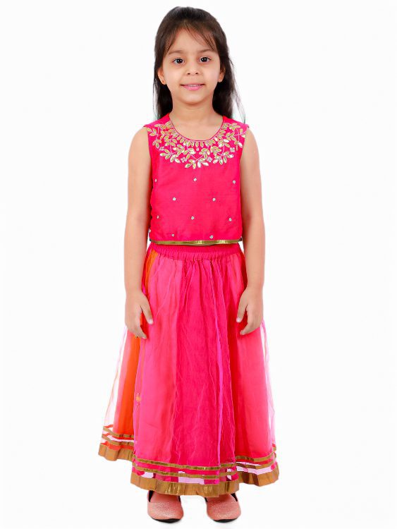 Twisha Girls Embroidered Top with 3 colour Ghagra-Pink