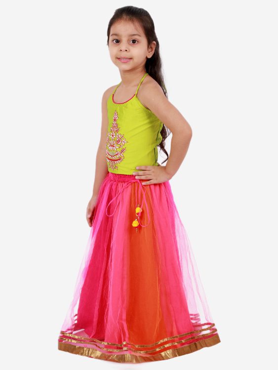 Twisha Girls Embroidered Top with 3 colour Chania -Set-Green  And Pink