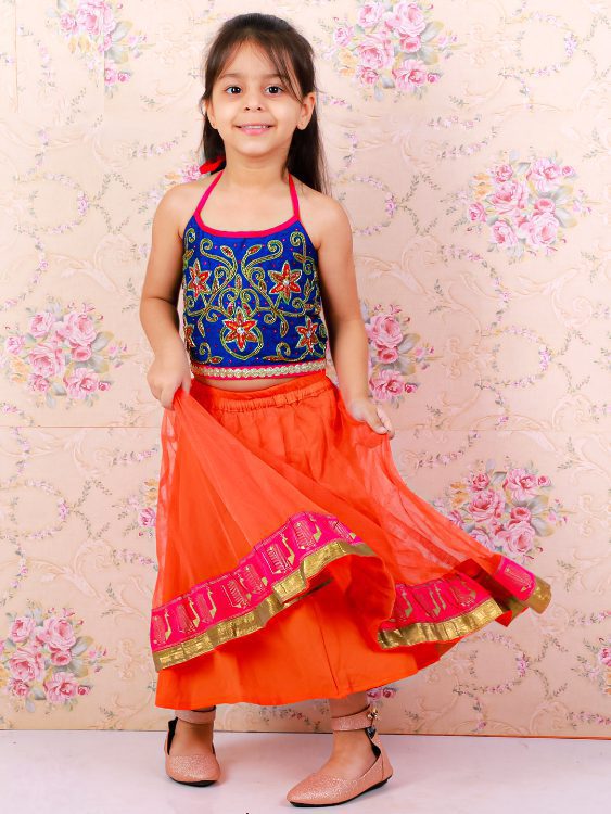 Twisha Girls Hand Embroidery Tie Up Top With Peacock Border Chania Set-Blue And Orange