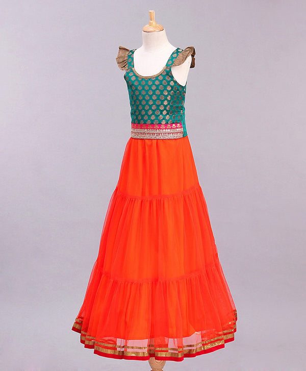 Twisha Girls Brocade Top With Ghagra - Green & Orange