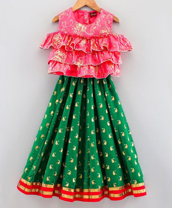 Twisha Girls Printed Frilled Top With Printed Ghagra - Coral & Green