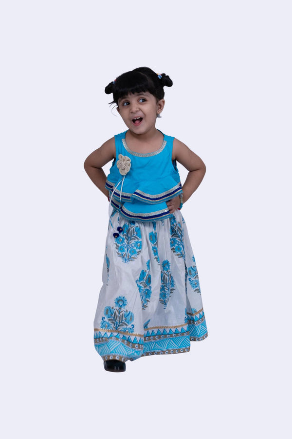 Twisha Girls Rayon Lace detail frill Top & Mughal Printed Ghaghra-Blue & White