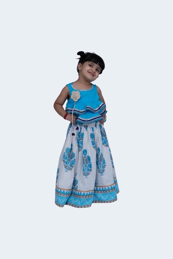 Twisha Girl's Rayon Lace detail frill Top & Mughal Printed Ghagra-Blue & White