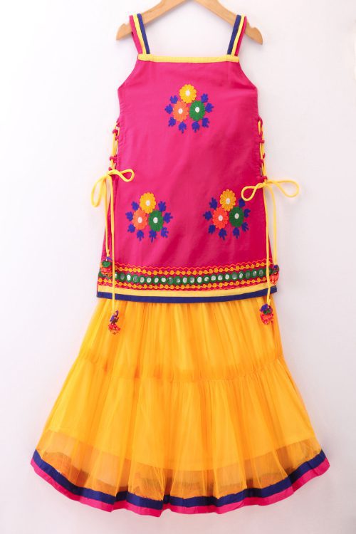 Twisha Girls Embroidered Kurta With Net Ghagra & Dupatta - Pink & Yellow