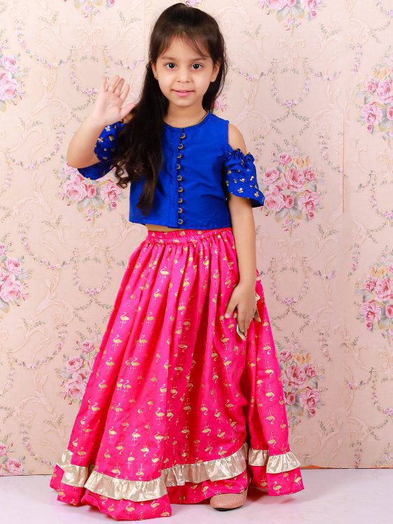 Twisha Polyester Girls Top With Ghagra- Blue & Pink