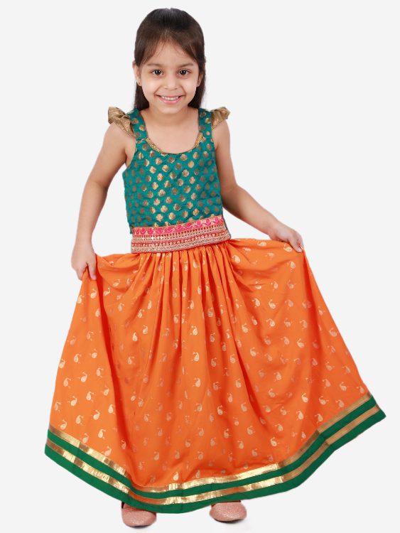 Twisha Girls Frill details Brocade Top with Whale printed skirt - Green & Orange