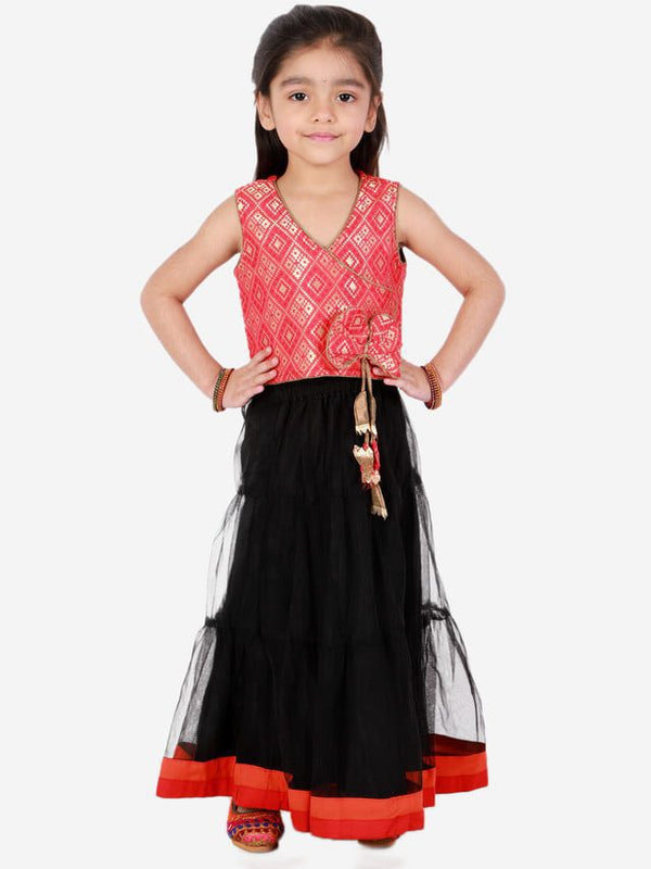 Twisha Girls Brocade Top With Designer bow and tassles with Lehenga-Red & Black