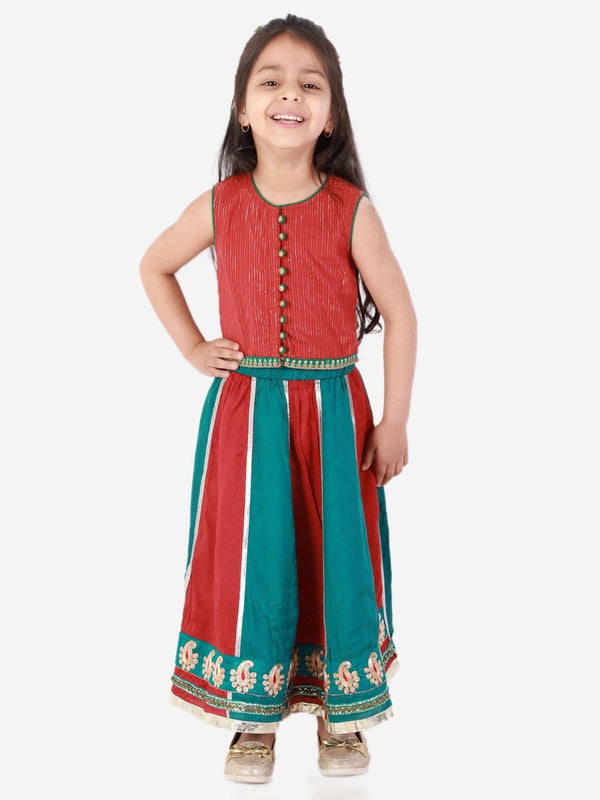 Girls Color Blocked Ghagra And Choli Maroon And Blue