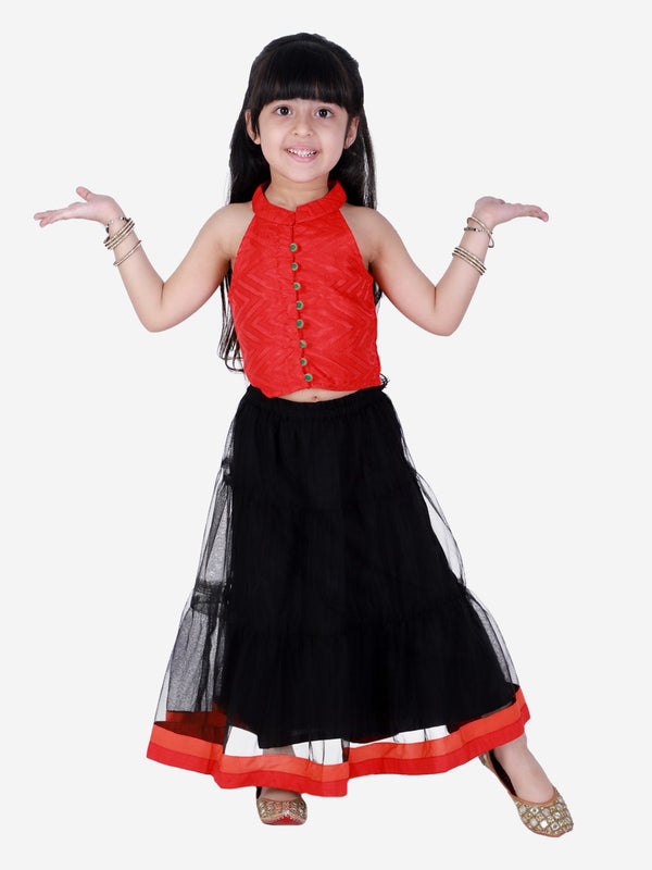 Twisha Girls Incut Style Top & Net Ghagra - Red & Black