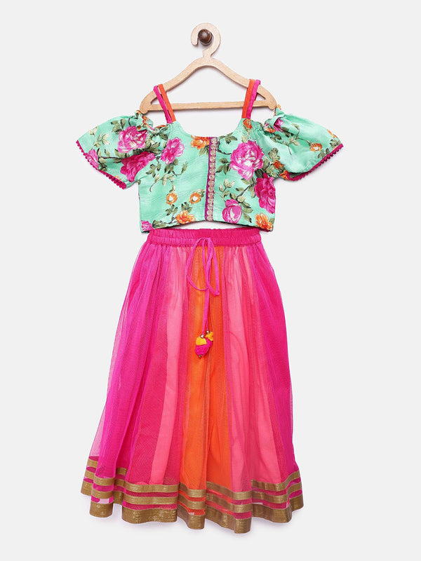 Twisha Girls Printed Top & Net Ghagra - Sea Green & Pink