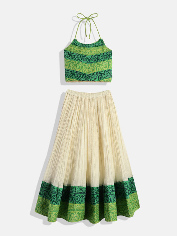 Twisha Girls Printed Top With Ghagra - Green & Off White