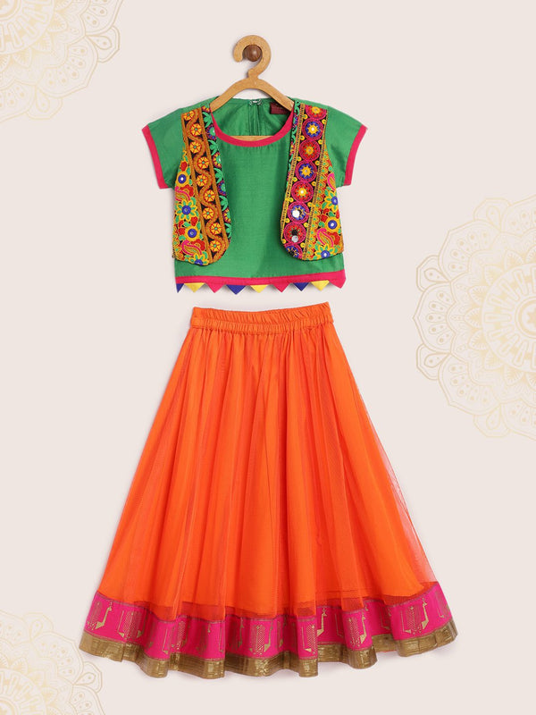 Twisha Girls Top With Embroidered Mock Jacket & Ghagra - Green & Orange