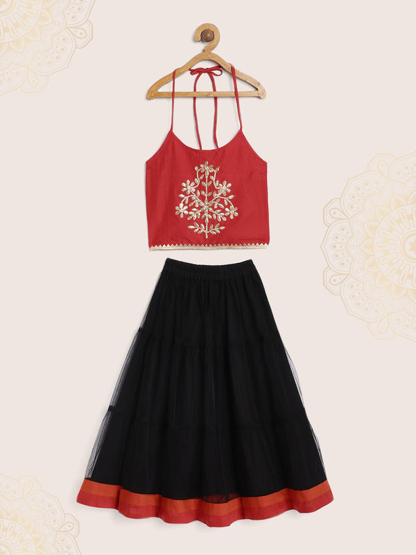 Twisha Girls Embroidered Choli With Ghagra- Red & Black