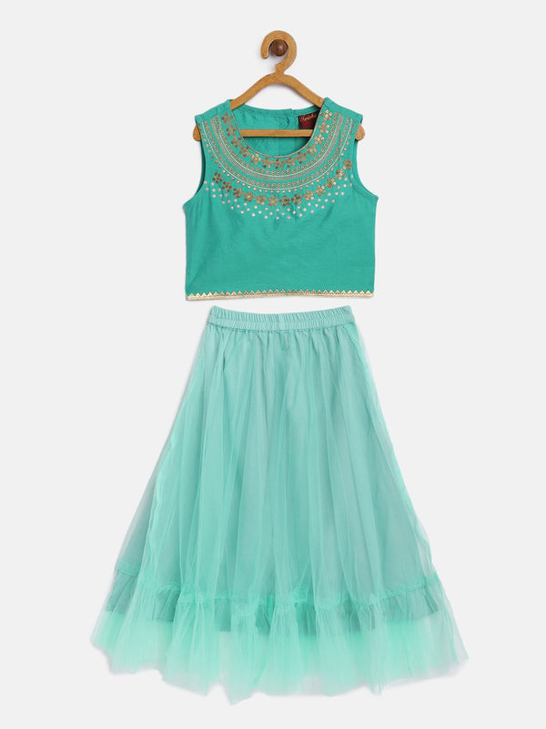 Twisha Girls Sleeveless Floral Embroidered Choli With Net Ghagra - Sea Green