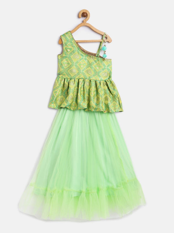 Twisha Girls Sleeveless Jacquard Design Choli With Net Ghagra - Green
