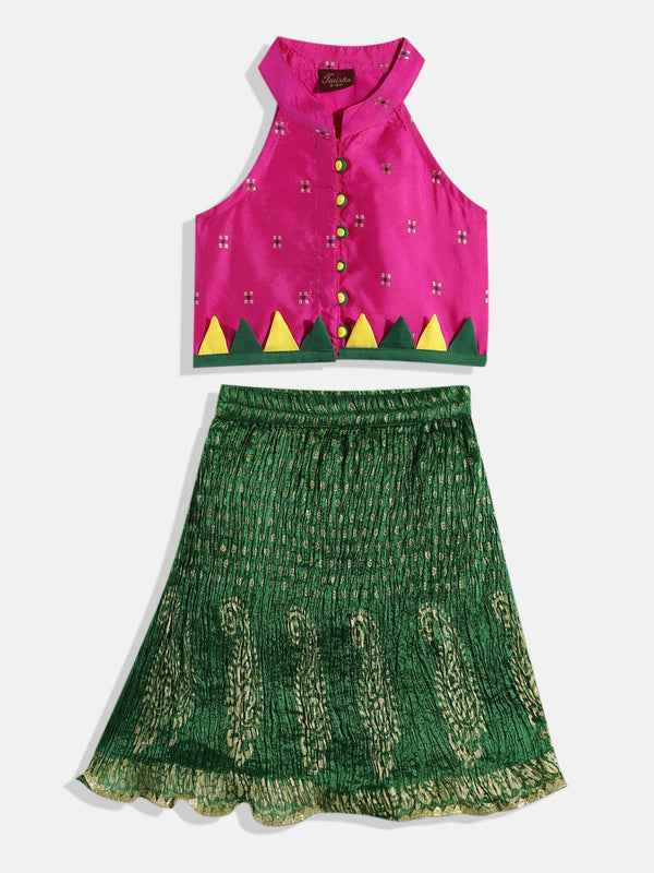 Twisha Girls Self Designed Top With Crushed Effect Ghagra - Pink & Green