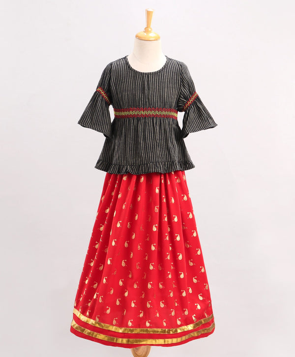 Twisha Polyester Viscose Girls Top With Ghagra- Black & Red