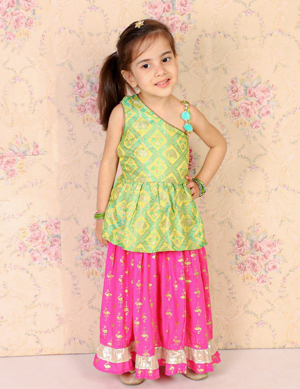Twisha Girls Brocade One Shoulder Top With Printed Ghagra - Green & Pink