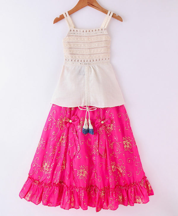Twisha Girls Embroidered Designer Top With Gold Printed Ghagra - Off White & Pink