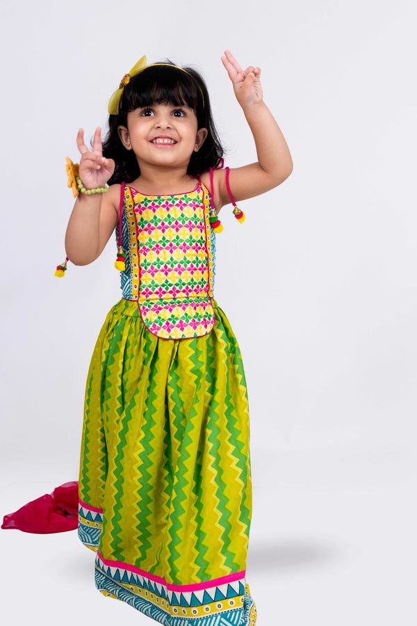 Twisha Girls Sleeveless Embroidered Top With Lehenga Set - Lime Green & White