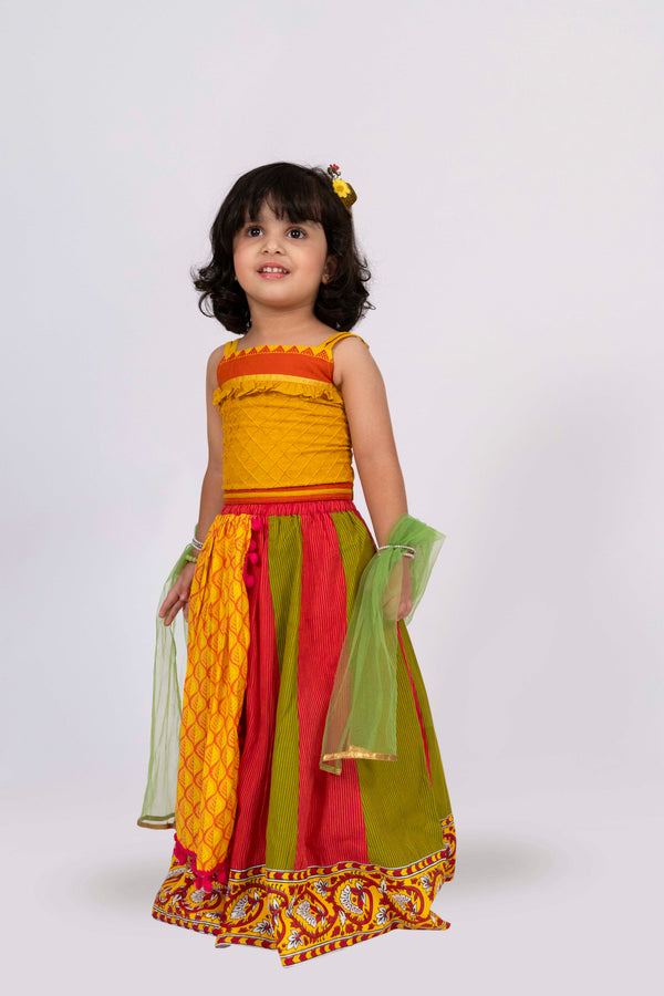 Twisha Girls Sleeveless Handloom Top With Lehenga Set - Mustard & Green