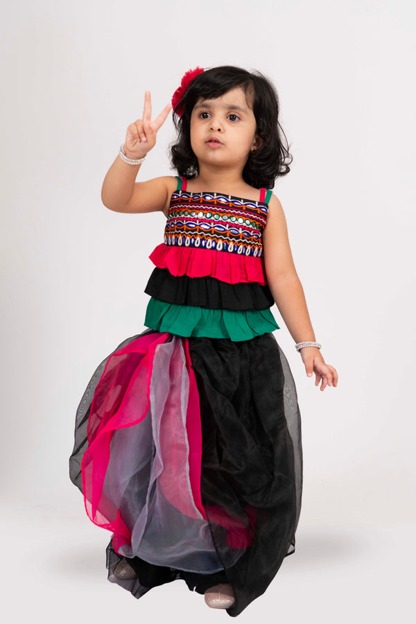 Twisha Girls Strappy Frilled Embroidered Top With Lehenga Set - Black & Pink