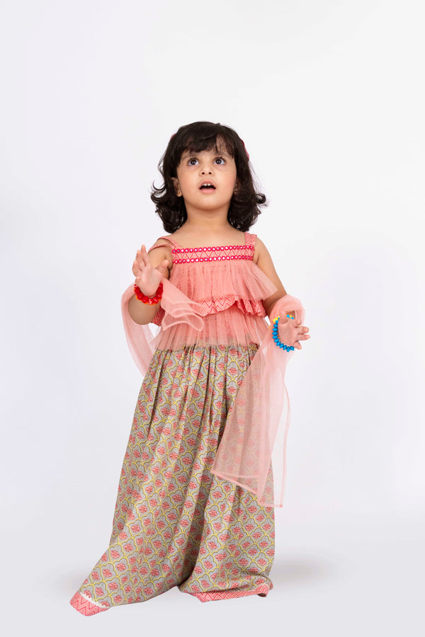 Twisha Girls Strappy Frilled Top With Lehenga Set - Coral & Grey