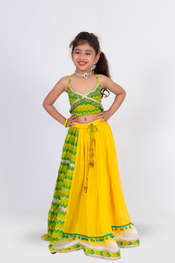 Twisha Girls Strppy Crisscrossed  Frilled Top With Lehenga Set - Lime Green & Yellow