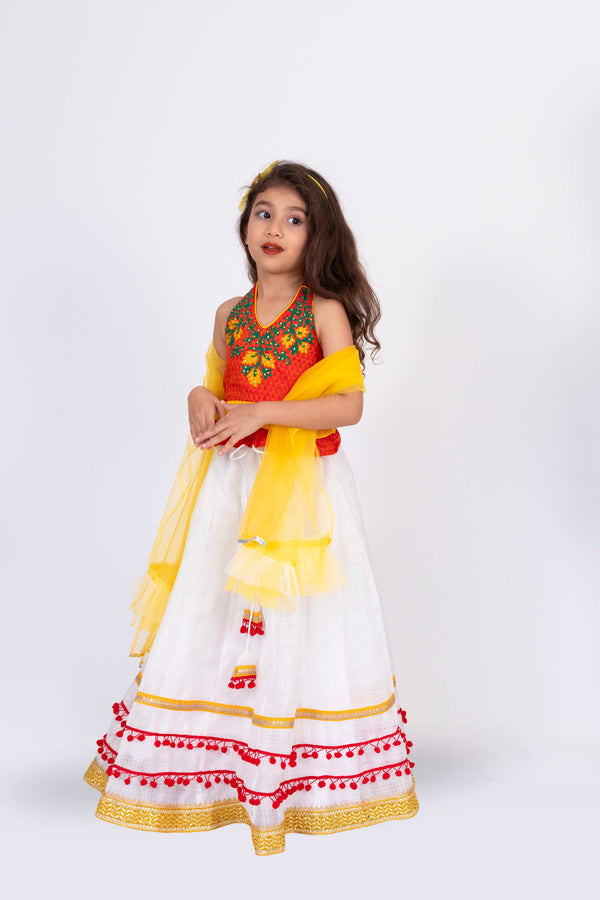 Twisha Girls Halterneck  Embroidered Top With Lehenga Set - Rust & White