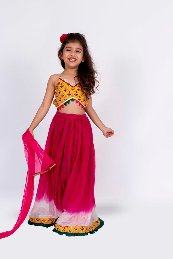 Twisha Girls Sleeveless Printed Top With Lehenga Set - Yellow & Pink