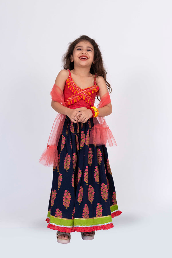 Twisha Girls Strppy Crisscrossed  Frilled Top With Lehenga Set - Pink & Blue