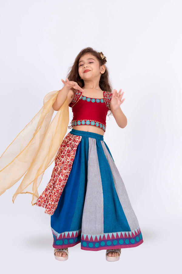 Twisha Girls sleeveless Embroidered Top With Layered Lehenga Set - Maroon & Blue