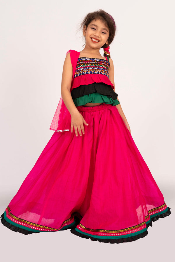 Twisha Girls Strappy Frilled Top With Lehenga Set - Black & Pink