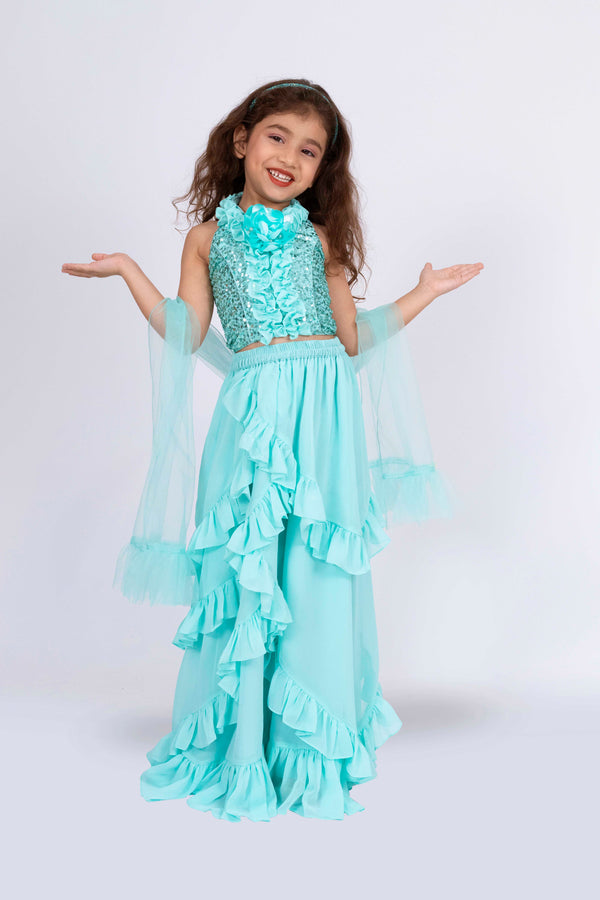 Twisha Girls Halter Neck  Frilled Top with Lehenga -Sea Green