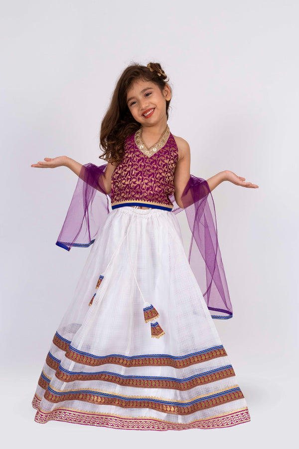 Twisha Girls Brocade Halter Neck Top with Lehenga-Majenta & Off White