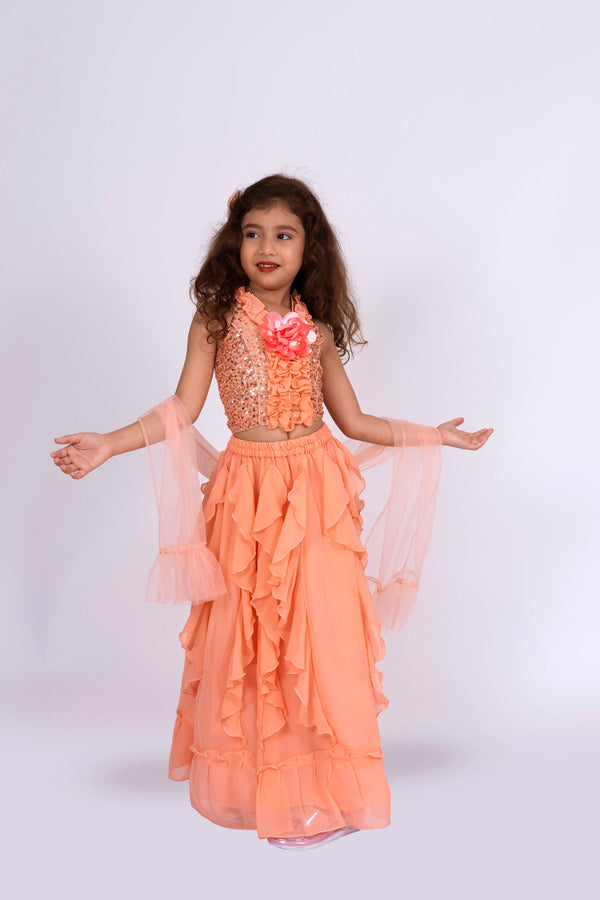 Twisha Girls Halter Neck Frilled Top with Lehenga-Peach